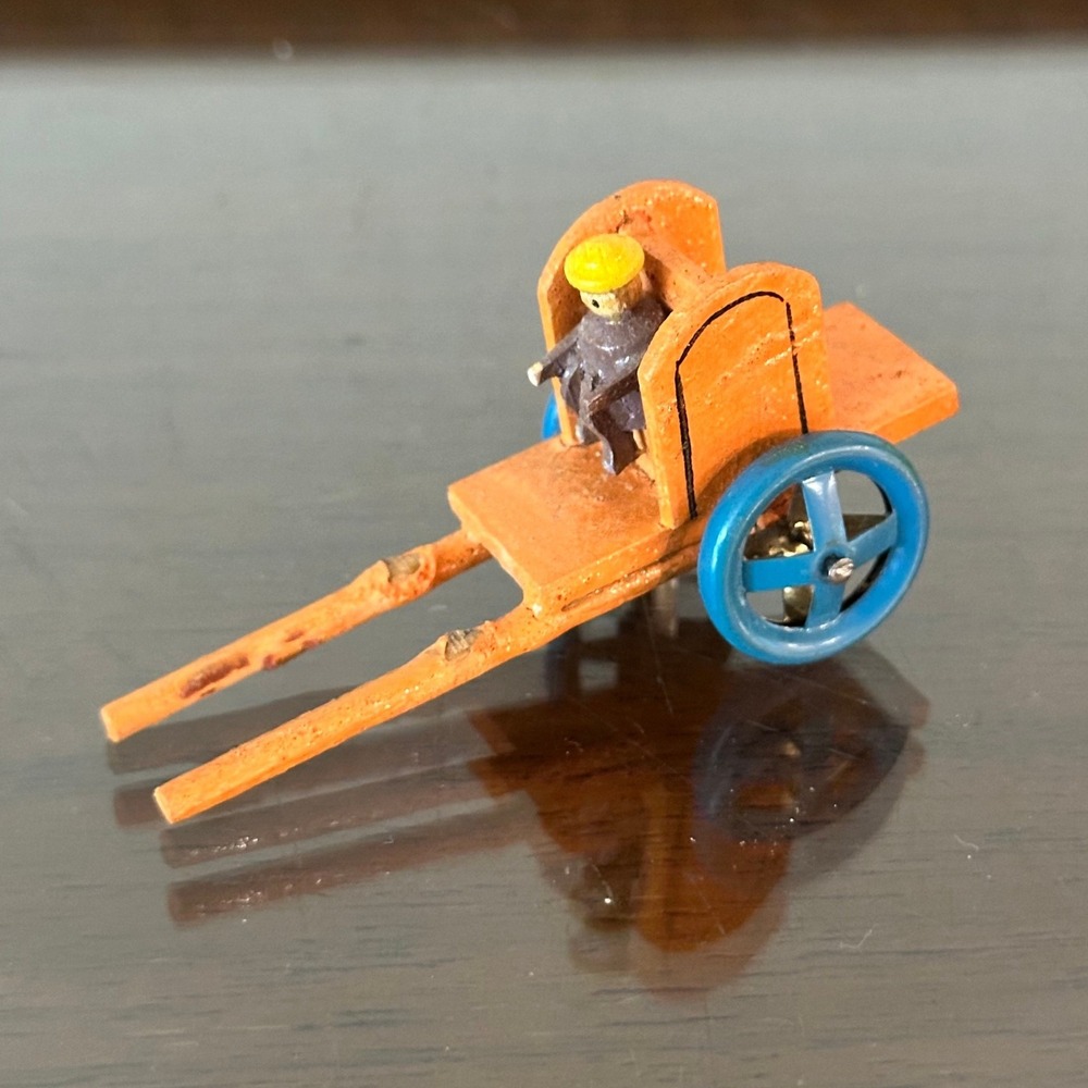 Vtg Miniature Wooden Cart with Driver Blue Metal Wheels Germany Folk Art 2.5"